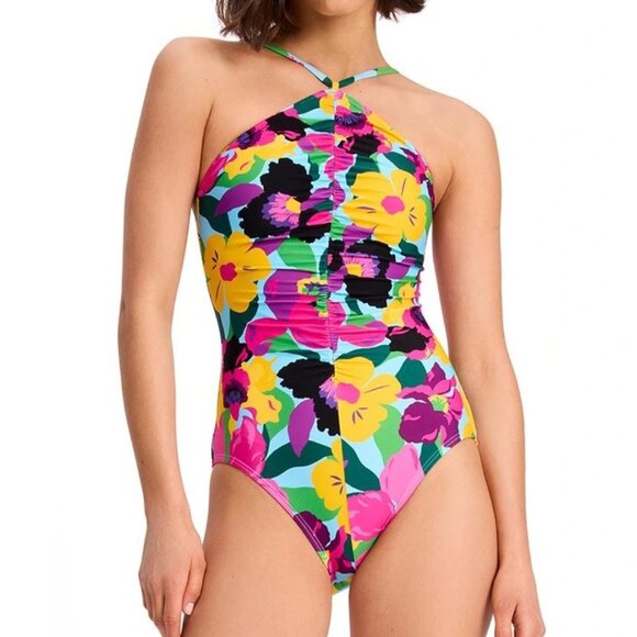 Kate Spade New York L High Neck Shirred One Piece Swimsuit Orchid Bloom  $148 - Picture 1 of 13